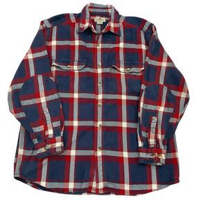 Woolrich Flannel Shirt Mens Large Navy Red Plaid Cotton Long Sleeve Heavyweight